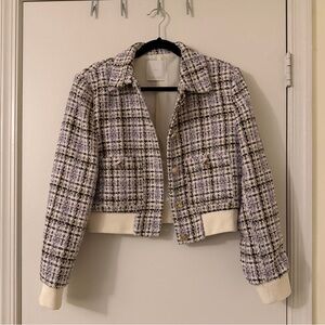 Like New! Mango Cropped Tweed Bomber Jacket with Heart Buttons - Size Large